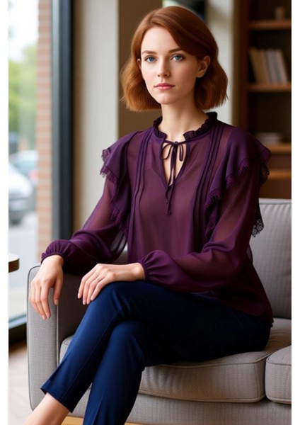 Kadın Bluz Şifon Kumaş Transparan Detaylar Dantel Süslemeler Balon Kol Tasarım Kaliteli Şık fırsatları