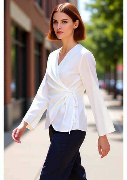 Zarif Kruvaze Kesim Uzun Kollu Dokuma Üst Kadın Kaliteli Şık Rahat Modern Zarif Günlük