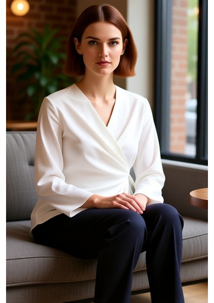 Zarif Kruvaze Kesim Uzun Kollu Dokuma Üst Kadın Kaliteli Şık Rahat Modern Zarif Günlük fiyatları