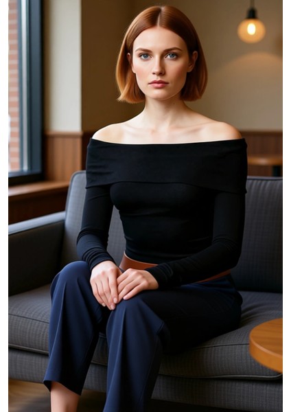 Kadın Moda Şık Üst Giyim Crop Carmen Yaka Slim Kalıp Örme Kısa Esnek Bluz