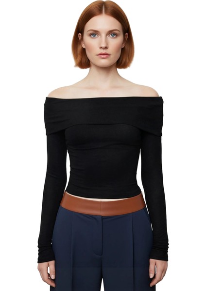 Kadın Moda Şık Üst Giyim Crop Carmen Yaka Slim Kalıp Örme Kısa Esnek Bluz fiyatları