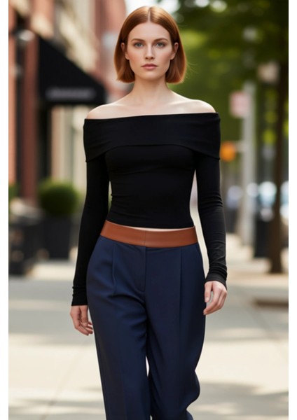 Kadın Moda Şık Üst Giyim Crop Carmen Yaka Slim Kalıp Örme Kısa Esnek Bluz fırsatları