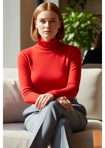 Kadın Şık Crop Balıkçı Yaka Slim Kalıp Örme Fitted Vücuda Oturan Parmak Detaylı Fitilli Esnek Bluz