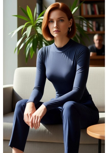 Kadın Moda Şık Crop Dik Yaka Slim Kalıp Örme Kolu Büzgü Detaylı Fitted Vücuda Oturan Esnek Bluz