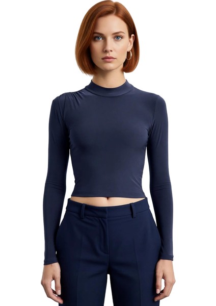 Kadın Moda Şık Crop Dik Yaka Slim Kalıp Örme Kolu Büzgü Detaylı Fitted Vücuda Oturan Esnek Bluz fiyatları