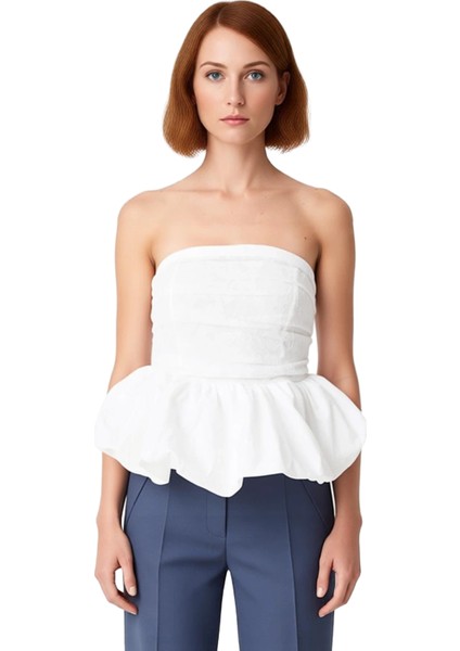 Kadın Straplez Peplum Detaylı Dokuma Üst Kaliteli Şık Rahat Modern Zarif Günlük