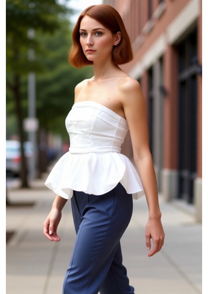 Kadın Straplez Peplum Detaylı Dokuma Üst Kaliteli Şık Rahat Modern Zarif Günlük modelleri