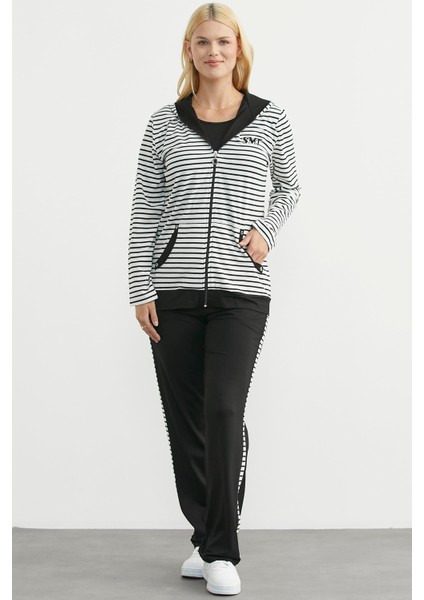 Kapüşonlu Çizgili Eşofman Takım - Siyah