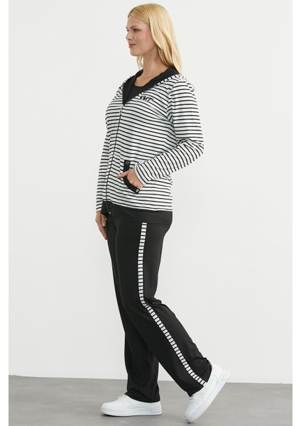 Kapüşonlu Çizgili Eşofman Takım - Siyah indirimleri