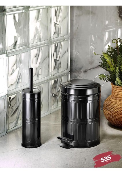 Haus Pedallı Çöp Kovası Tuvalet Wc Fırçası Çöp Kovası 2&apos;li Seti 5 Litre Siyah