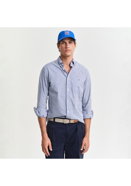 Erkek Lacivert Regular Fit Düğmeli Yaka Çizgili Gömlek fiyatları