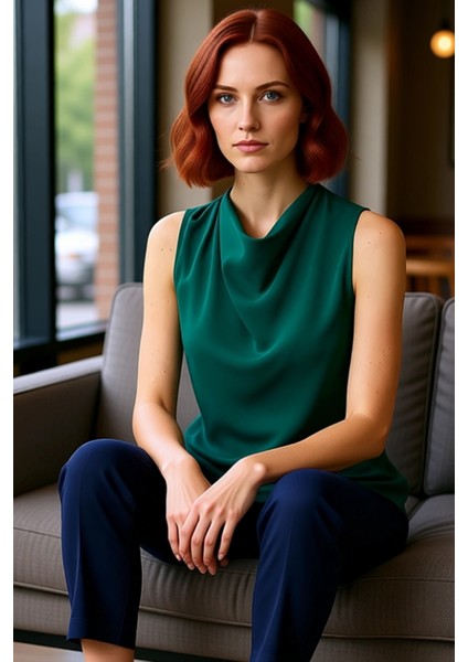 Kadın Bluz Kolsuz Saten Dokuma Degaje Yaka Yan Bağlama Detaylı Günlük Şıklık Kaliteli Şık Rahat