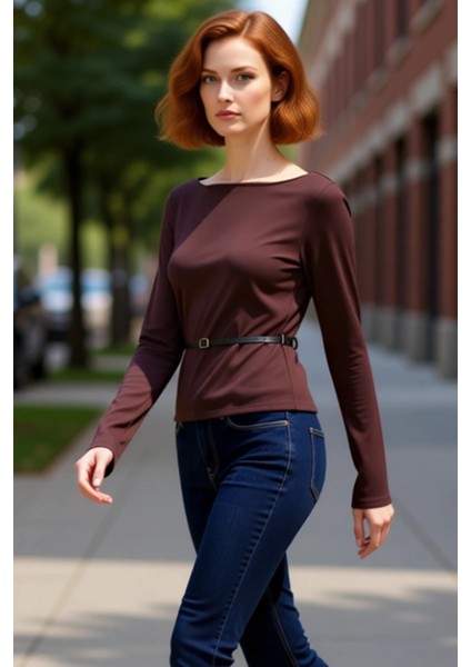 Kadın Uzun Kollu Esnek Örme Üst Nervürlü Detaylı Kaliteli Şık Rahat Modern Zarif Günlük fırsatları
