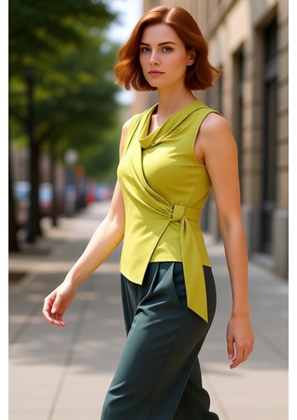 Kadın Dökümlü Yaka Büzgülü Detaylı Örme Bluz Kaliteli Şık Rahat Modern Zarif Günlük fırsatları