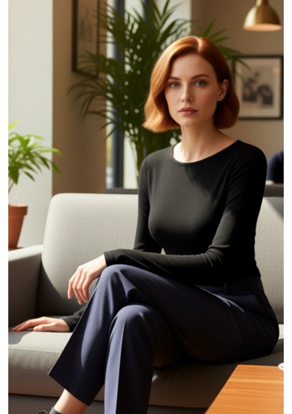 Kadın Vücuda Oturan Kayık Yaka Uzun Kollu Esnek Örme Tişört Kaliteli Şık Rahat Modern Zarif