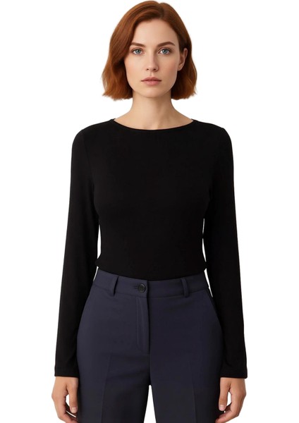 Kadın Vücuda Oturan Kayık Yaka Uzun Kollu Esnek Örme Tişört Kaliteli Şık Rahat Modern Zarif fiyatları