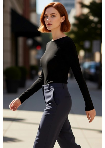 Kadın Vücuda Oturan Kayık Yaka Uzun Kollu Esnek Örme Tişört Kaliteli Şık Rahat Modern Zarif fırsatları