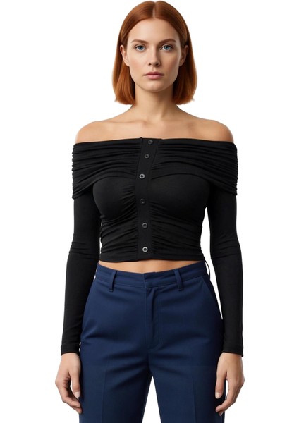 Kadın Off Shoulder Büzgülü Düğmeli Uzun Kollu Crop Üst Kaliteli Şık Rahat Modern Zarif Günlük