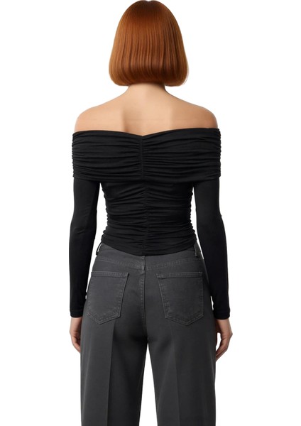 Kadın Off Shoulder Büzgülü Düğmeli Uzun Kollu Crop Üst Kaliteli Şık Rahat Modern Zarif Günlük fiyatları