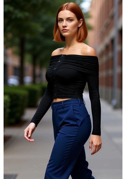 Kadın Off Shoulder Büzgülü Düğmeli Uzun Kollu Crop Üst Kaliteli Şık Rahat Modern Zarif Günlük modelleri