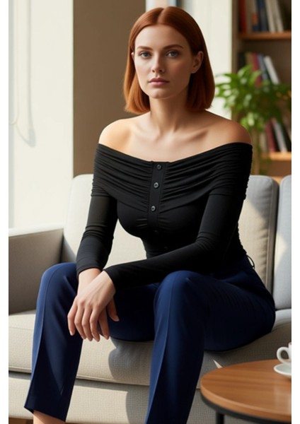 Kadın Off Shoulder Büzgülü Düğmeli Uzun Kollu Crop Üst Kaliteli Şık Rahat Modern Zarif Günlük fırsatları