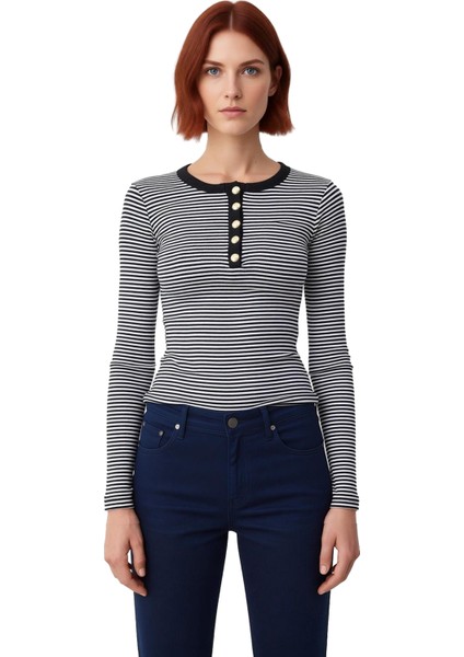 Kadın Çizgili Bisiklet Yaka Düğmeli Slim Fit Örme Bluz Kaliteli Şık Rahat Modern Zarif Günlük