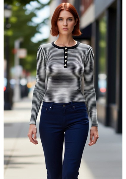 Kadın Çizgili Bisiklet Yaka Düğmeli Slim Fit Örme Bluz Kaliteli Şık Rahat Modern Zarif Günlük modelleri
