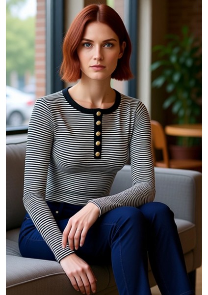 Kadın Çizgili Bisiklet Yaka Düğmeli Slim Fit Örme Bluz Kaliteli Şık Rahat Modern Zarif Günlük fırsatları
