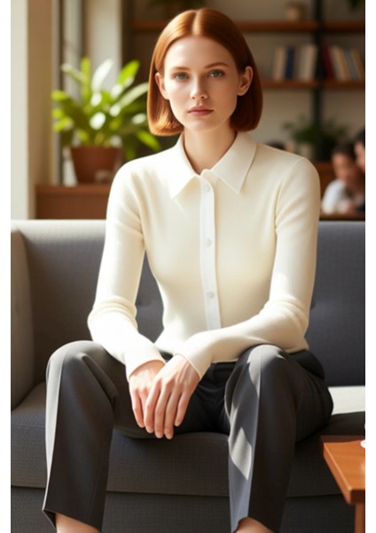 Kadın Triko Bluz Gömlek Yaka Detaylı Fitted Kesim Kış Sezonu Için Şık ve Fonksiyonel Kaliteli fırsatları