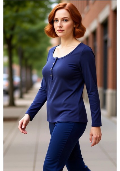 Kadın Vücuda Oturan Düğme Detaylı Uzun Kollu Pamuklu Kaliteli Şık Rahat Modern Zarif Günlük