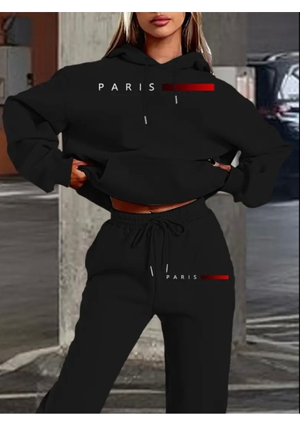 Büyük Beden Özel Tasarım Kapüşonlu Paris Baskılı %100 Pamuk Yeni Trend Kışlık Kadın Eşofman Takımı