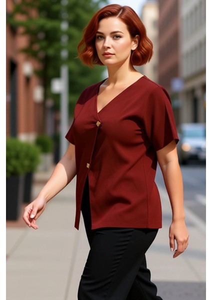 Kadınlar Için V Yaka Düğmeli Asimetrik Kesim Triko Bluz Kaliteli Şık Rahat Modern Zarif Günlük modelleri