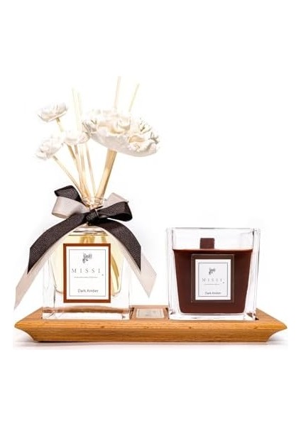 Masif Ahşap Tepsili Vıp Dark Amber Oda Kokusu ve Mum Seti