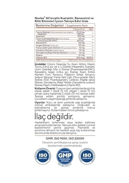 Novlex All&apos;ercetin Ekstrakt Kuersetin, Resveratrol ve Bitki Ekstreleri Içeren Takviye Edici Gıda 250 ml fiyatları