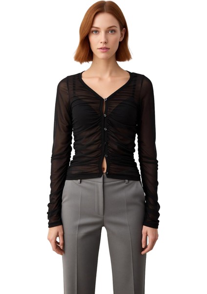 Kadın V Yaka Düğmeli Drape Detaylı Fitted Örme Bluz Kaliteli Şık Rahat Modern Zarif Günlük