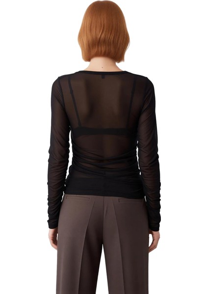 Kadın V Yaka Düğmeli Drape Detaylı Fitted Örme Bluz Kaliteli Şık Rahat Modern Zarif Günlük fiyatları