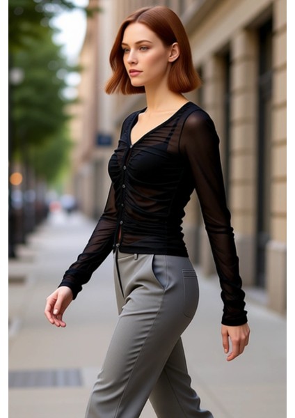 Kadın V Yaka Düğmeli Drape Detaylı Fitted Örme Bluz Kaliteli Şık Rahat Modern Zarif Günlük modelleri