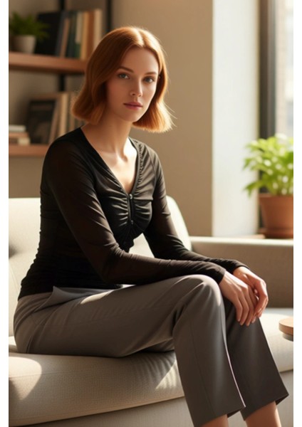 Kadın V Yaka Düğmeli Drape Detaylı Fitted Örme Bluz Kaliteli Şık Rahat Modern Zarif Günlük fırsatları