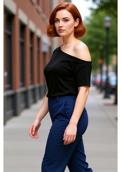 Kadın Asimetrik Yaka %100 Pamuklu Kısa Kollu Örme Bluz Günlük Şık ve Rahat Kullanım Için