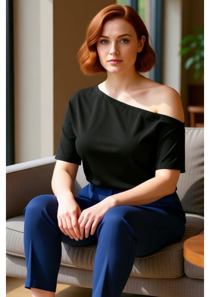 Kadın Asimetrik Yaka %100 Pamuklu Kısa Kollu Örme Bluz Günlük Şık ve Rahat Kullanım Için fiyatları