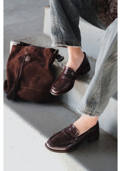 Kadın Loafer Croco Günlük Kalın Topuklu Ayakkabı Nufit Kahve fiyatları