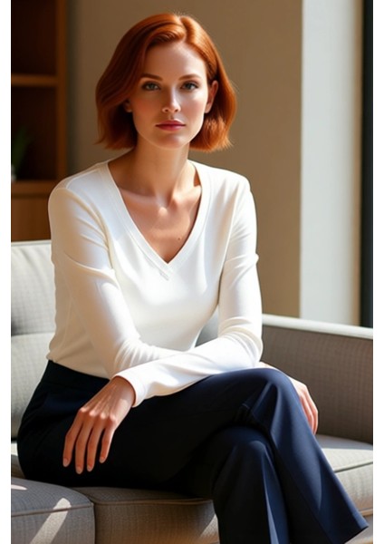 Kadın V Yaka Uzun Kollu Vücuda Oturan Örme Üst Konforlu ve Şık Kaliteli Şık Rahat Modern Zarif