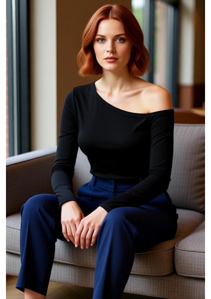 Moda Büyük Beden Devrik Yaka Örme Fit Düz Desen Casual Günlük Regular Uzun Kol Bluz