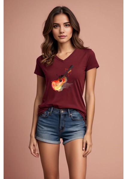 Gitar Baskılı Bordo V Yaka Tişört