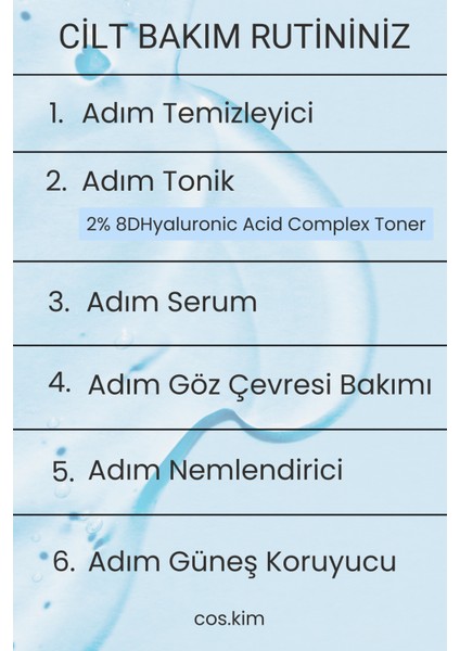 8 Çeşit Hyaluronik Asit Içeren Nemlendirici Tonik | 2% 8d Hyaluronic Acid Complex Toner 250 ml