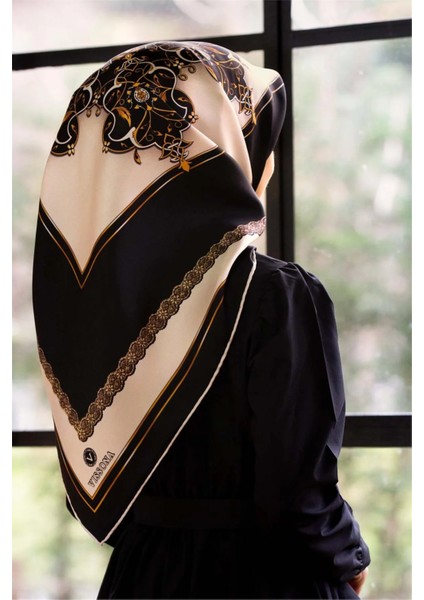 Kadın Twill Ipek Eşarp Siyah/Krem 17538