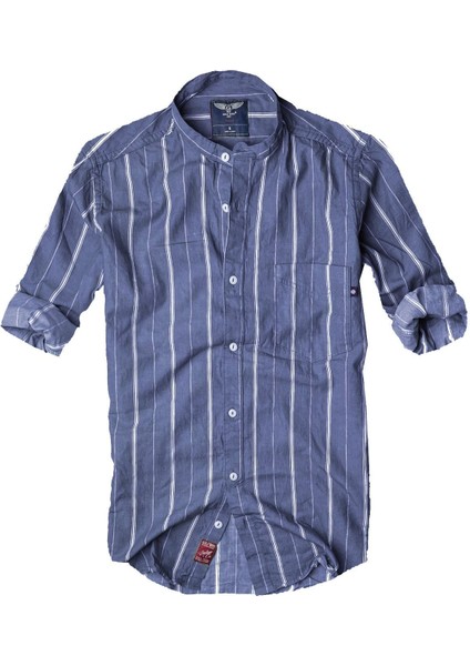 Slim Fit Saf Pamuk Kumaş Hakim Yaka Uzun Kol Gömlek-çizgili Koyu Mavi- fiyatları