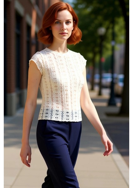 Kadın Bisiklet Yaka Kısa Kol Örme Dantel Detaylı Vücuda Oturan Kaliteli Şık Rahat Modern