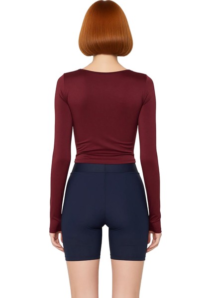 Moda Bisiklet Yaka Örme Fit Düz Desen Sportswear Crop Uzun Kol Bluz fiyatları