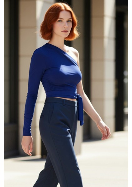 Tek Kol Uzun Kollu Crop Bluz Örme Kumaştan Kadın Profesyonel Görünüm Rahat Kullanım